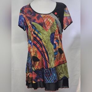BALI Women’s Layered Abstract Print Tunic Top Lettuce Hem Size M